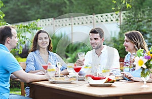 Happy friends toasting wine glasses in the garden while having l