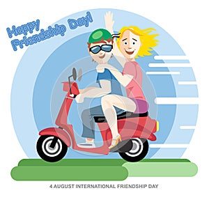 Happy friendship day card. 4 August. Best friends girls riding a red motorcycle.