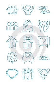 Happy friendship day celebration love relationship support team icons set line style