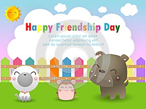 Happy friendship day greeting card with diverse friend group of best friend animals,dog,cat,rat, background poster Template