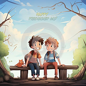Happy friendship day greeting card with two boys sitting on bench in park illustration Ai generative photo