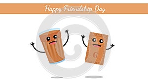 Happy Friendship Day India, A glass of tea and a biscuit cute character vector on white background