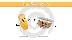 Happy Friendship Day India, South Indian food dosa with sambhar cute character vector on white background