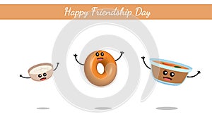 Happy Friendship Day India, South Indian food Vada sambhar and chatni cute character vector on white background