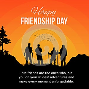 Happy friendship day post design with adventurous friends group against sunset