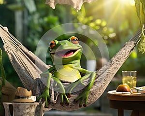 happy frog relaxing in a hammock in a backyard.