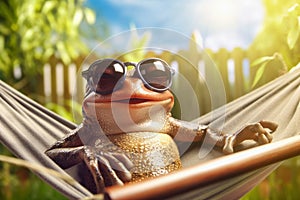 a happy frog relaxing in hammock in backyard, funny holiday and vacation concept, AI generative