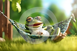 a happy frog relaxing in hammock in backyard, funny holiday and vacation concept, AI generative