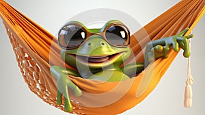 Happy frog wearing sunglasses, casually lounging on an orange hammock