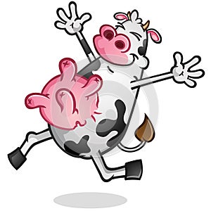 Happy frolicking cow mascot hopping along vector clip art