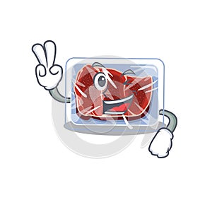 Happy frozen beef cartoon design concept with two fingers