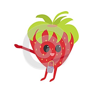 Happy fruit cartoon character. Cute kawaii strawberries witha bucket for your creative design. photo