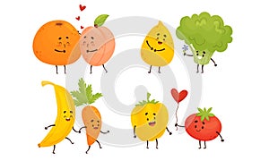 Happy Fruits and Vegetables Holding Hands and Kissing Vector Set