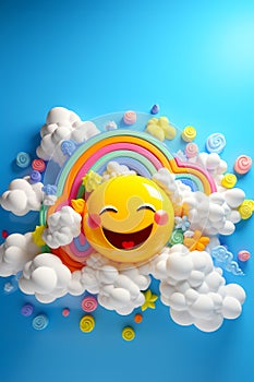 happy full yellow sunny on the blue and clouds sky, Summer Sun Face with Happy Smile,