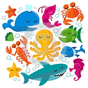 Happy Fun Cartoon Sea Creatures Set