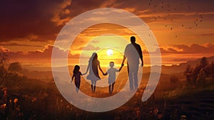 Happy and fun family: mother, father, children son and daughter on nature on sunset