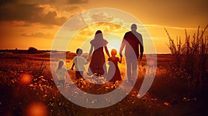 Happy and fun family: mother, father, children son and daughter on nature on sunset