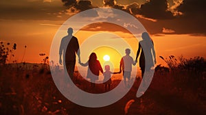 Happy and fun family: mother, father, children son and daughter on nature on sunset