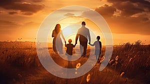 Happy and fun family: mother, father, children son and daughter on nature on sunset