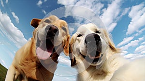 Happy and Funny Animal Conceptual Photo. Surealistic Photo of Two Smiling Cute Golden Retriever Dogs taking Selfie Together in