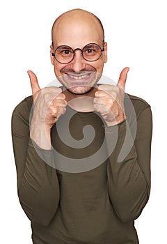 Happy funny bald man show thumbs up