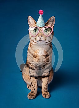 Happy Funny Birthday Party Cat with hat and pink sunglasses on a blue background.