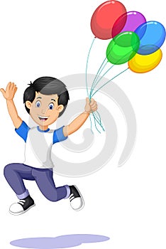 Happy Funny Boy Holding Colorful Balloons Cartoon