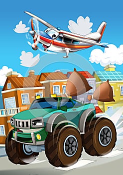 Happy and funny cartoon car looking and smiling driving through the city and plane flying - illustration for children