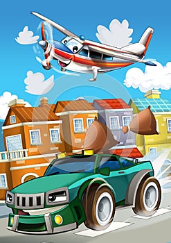 Happy and funny cartoon car looking and smiling driving through the city and plane flying - illustration for children