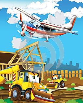 Happy and funny cartoon excavator digger looking and smiling driving through the city and plane flying - illustration for children