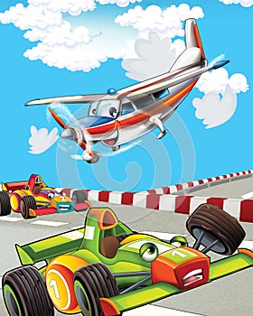 Happy and funny cartoon racing car looking and smiling driving through the city and plane flying - illustration for children