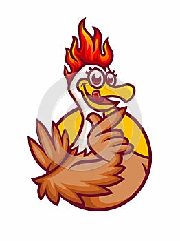 A happy funny Cartoon Rooster chicken fire giving a thumbs up, suitable for restaurant business, vector logo illustration