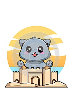 Happy and funny cat with sand castle in summer holiday cartoon illustration