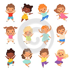 Happy funny children. Cute excited kids, isolated vector friends actuions, diverse cartoon energetic enfants