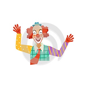 Happy funny circus clown, cartoon friendly clown in classic outfit vector Illustration