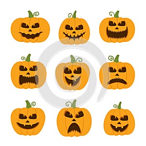 Happy, funny, cute and scary halloween pumpkin set. Holidays cartoon character collection. Vector illustration in flat