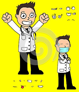 Happy funny doctor kid cartoon expressions set collection
