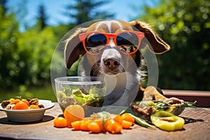 Happy funny dog in red sunglasses sitting at dining vegetable table at sunny summer day