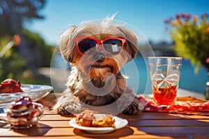 Happy funny dog in sunglasses sitting at dining table at sunny summer dat at sea side
