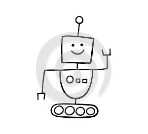 Happy funny doodle childish robot character. Kids hand drawn robot with smile face. Vector illustration isolated on