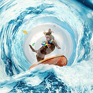 Happy and funny Labrador dog surfing on huge wave in ocean or sea on summer vacation with modern sunglasses and flower