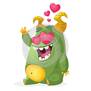 Happy funny little monster in love. Vector cartoon illustration of a green monster in love