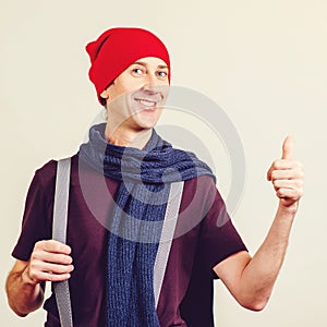 Happy funny nerd man showing an ok sign. Handsome hipster gesturing ok. Man says Ok, got it. Good excellent idea