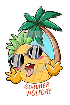 Happy and funny pineapple in the summer cartoon illustration