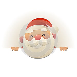 Happy funny Santa Claus behind blank signboard cartoon character with white copy space