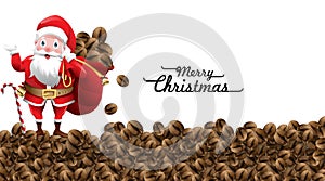 Happy funny santa claus holding bag full of coffee beans for christmas gift and present with waving and greeting. Winter holiday