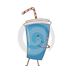 Happy funny smiling blue soda cup with straw cartoon character vector illustration