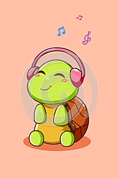 Happy and funny turtle listening music with headset cartoon illustration