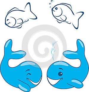 Happy funny whales and fish