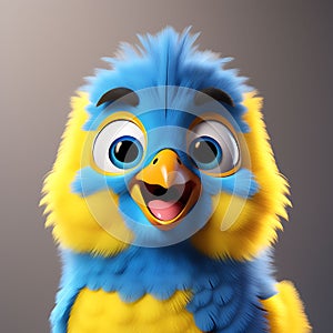 Happy Furry Friend: Realistic 3D Render of a Cute Yellow and Blue Bird with Big Smiling Eyes